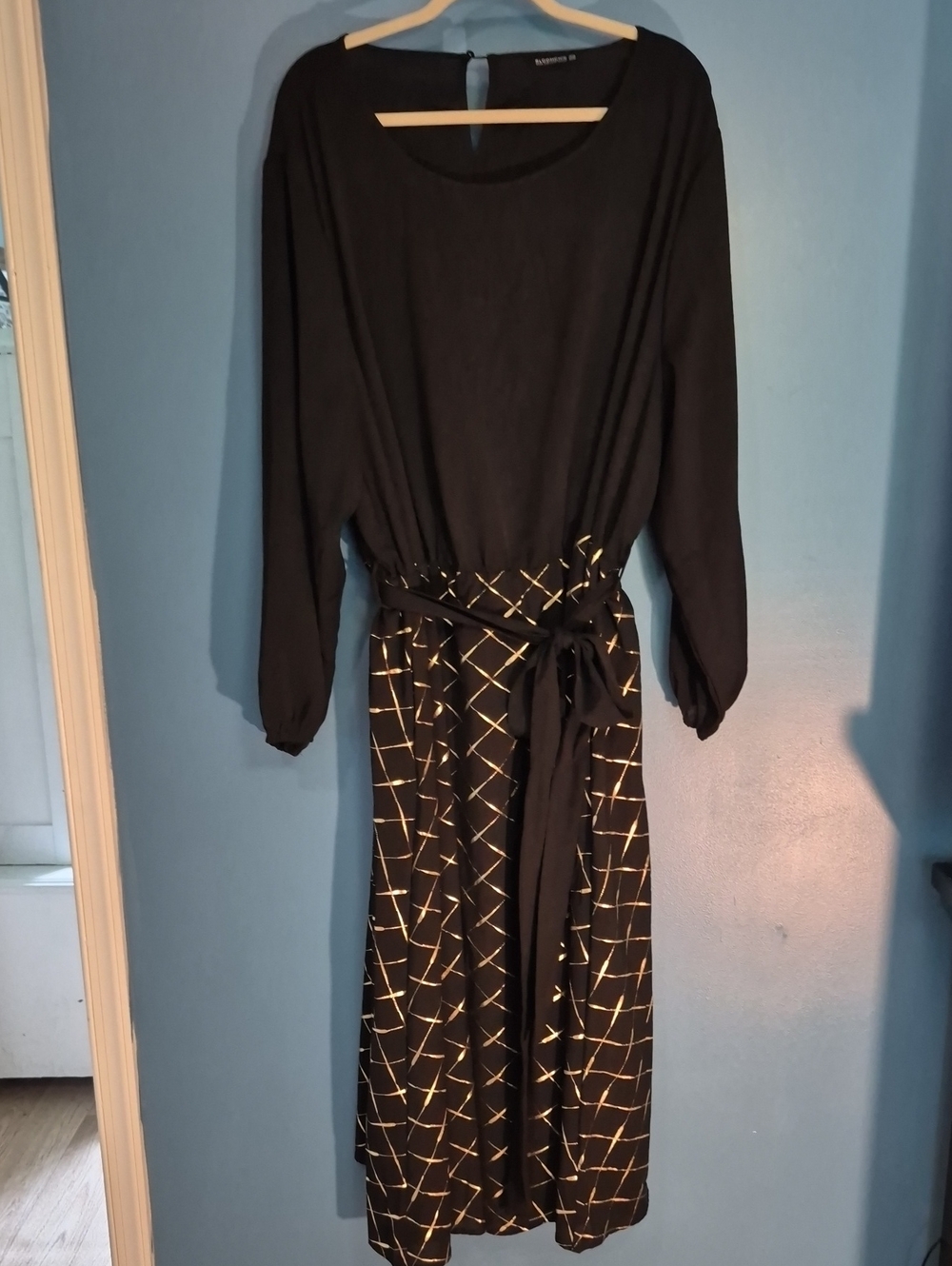 BloomChic Black Midi Dress with Gold Grid Accents